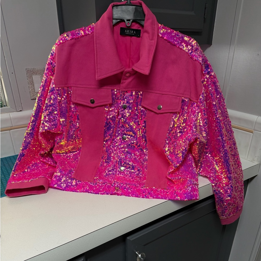 AKIRA Hot Pink Sequined Textured Jacket